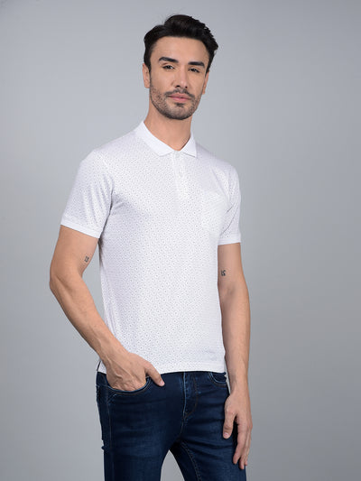 White Printed 100% Cotton Polo Neck T-Shirt-Men T-Shirts-Crimsoune Club