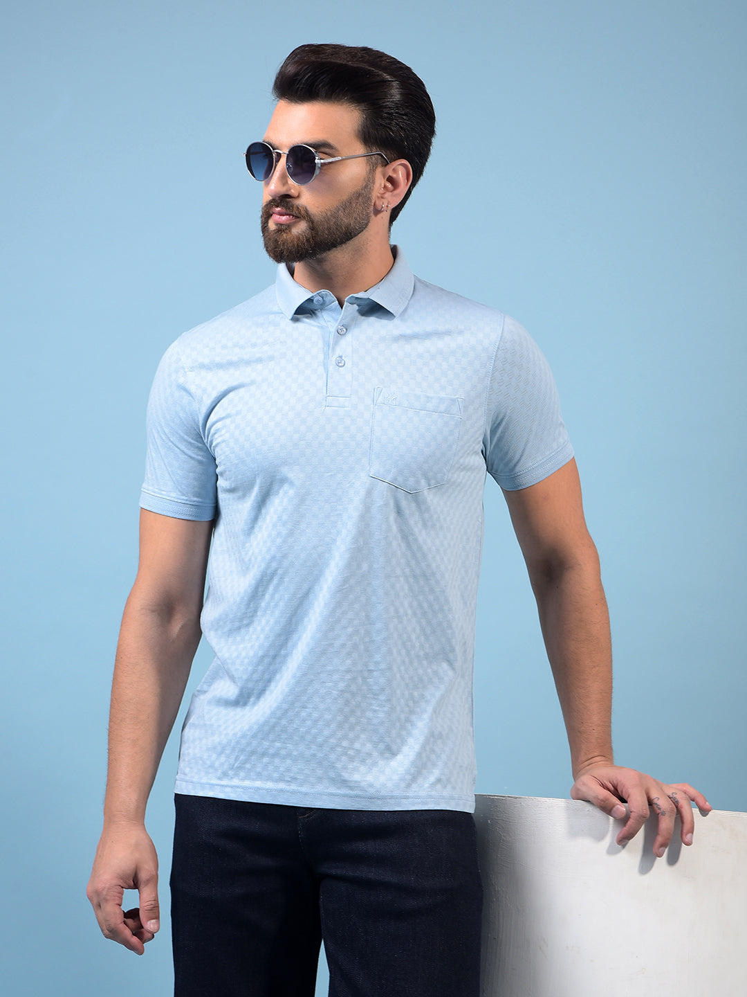 Men's Blue Jacquard Polo Neck 100% Cotton T-Shirt-Men T-Shirts-Crimsoune Club
