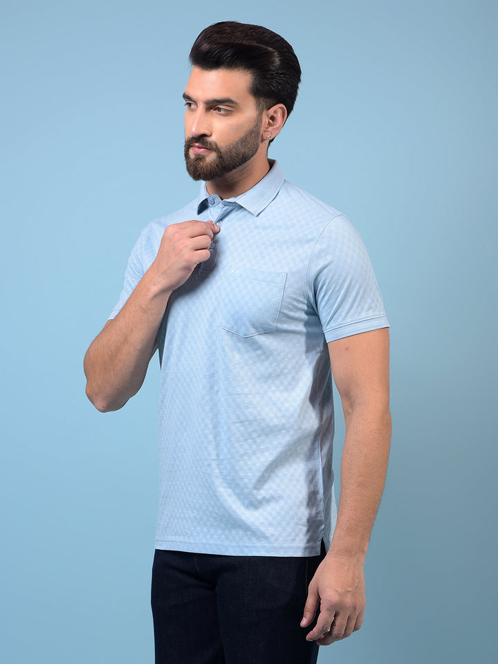 Men's Blue Jacquard Polo Neck 100% Cotton T-Shirt-Men T-Shirts-Crimsoune Club
