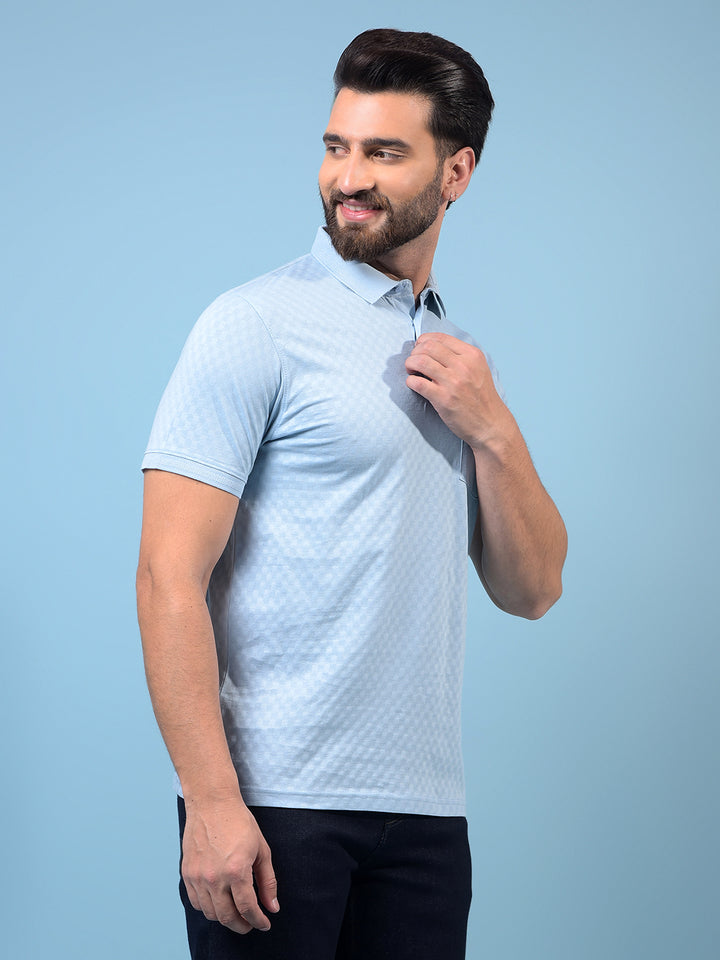 Men's Blue Jacquard Polo Neck 100% Cotton T-Shirt-Men T-Shirts-Crimsoune Club