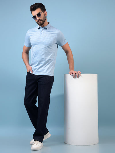 Men's Blue Jacquard Polo Neck 100% Cotton T-Shirt-Men T-Shirts-Crimsoune Club