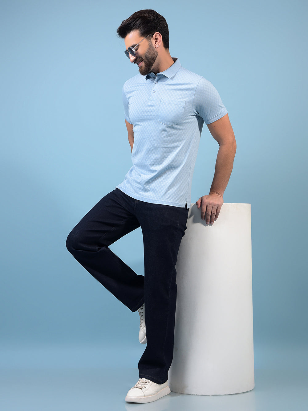 Men's Blue Jacquard Polo Neck 100% Cotton T-Shirt-Men T-Shirts-Crimsoune Club