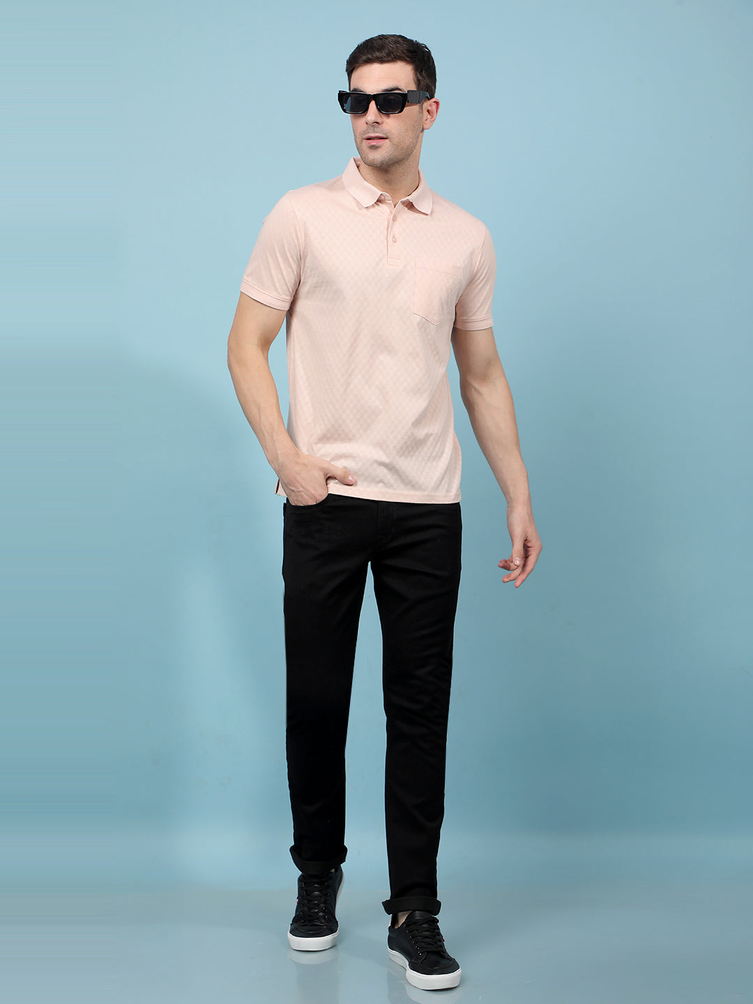 Peach Jacquard 100% Cotton Polo-Neck T-Shirt-Men T-Shirts-Crimsoune Club