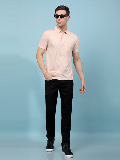 Peach Jacquard 100% Cotton Polo-Neck T-Shirt-Men T-Shirts-Crimsoune Club