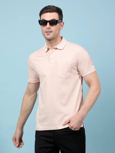 Peach Jacquard 100% Cotton Polo-Neck T-Shirt-Men T-Shirts-Crimsoune Club