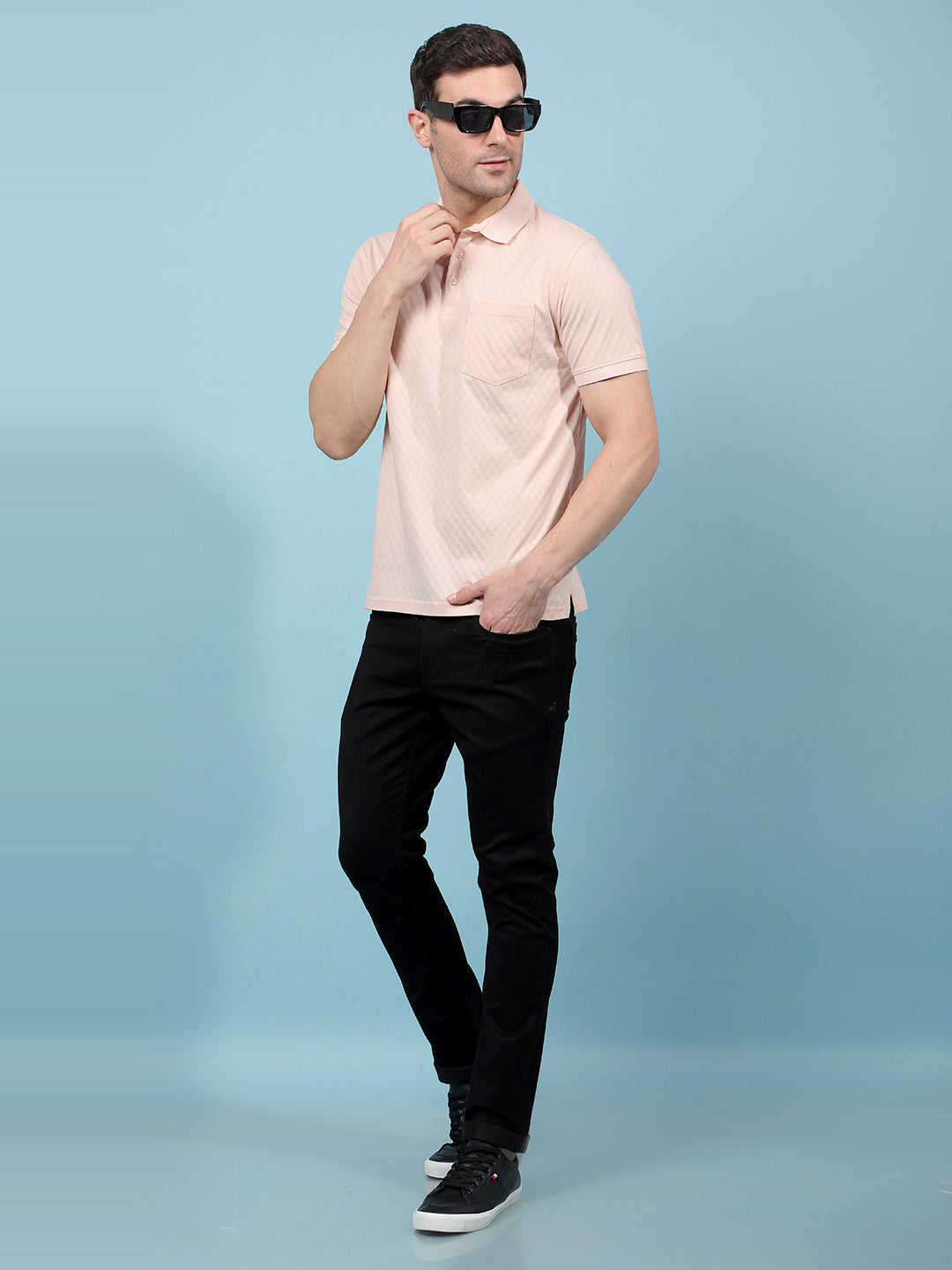 Peach Jacquard 100% Cotton Polo-Neck T-Shirt-Men T-Shirts-Crimsoune Club