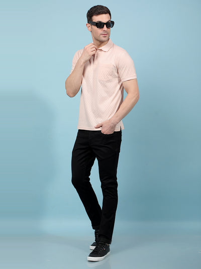 Peach Jacquard 100% Cotton Polo-Neck T-Shirt-Men T-Shirts-Crimsoune Club