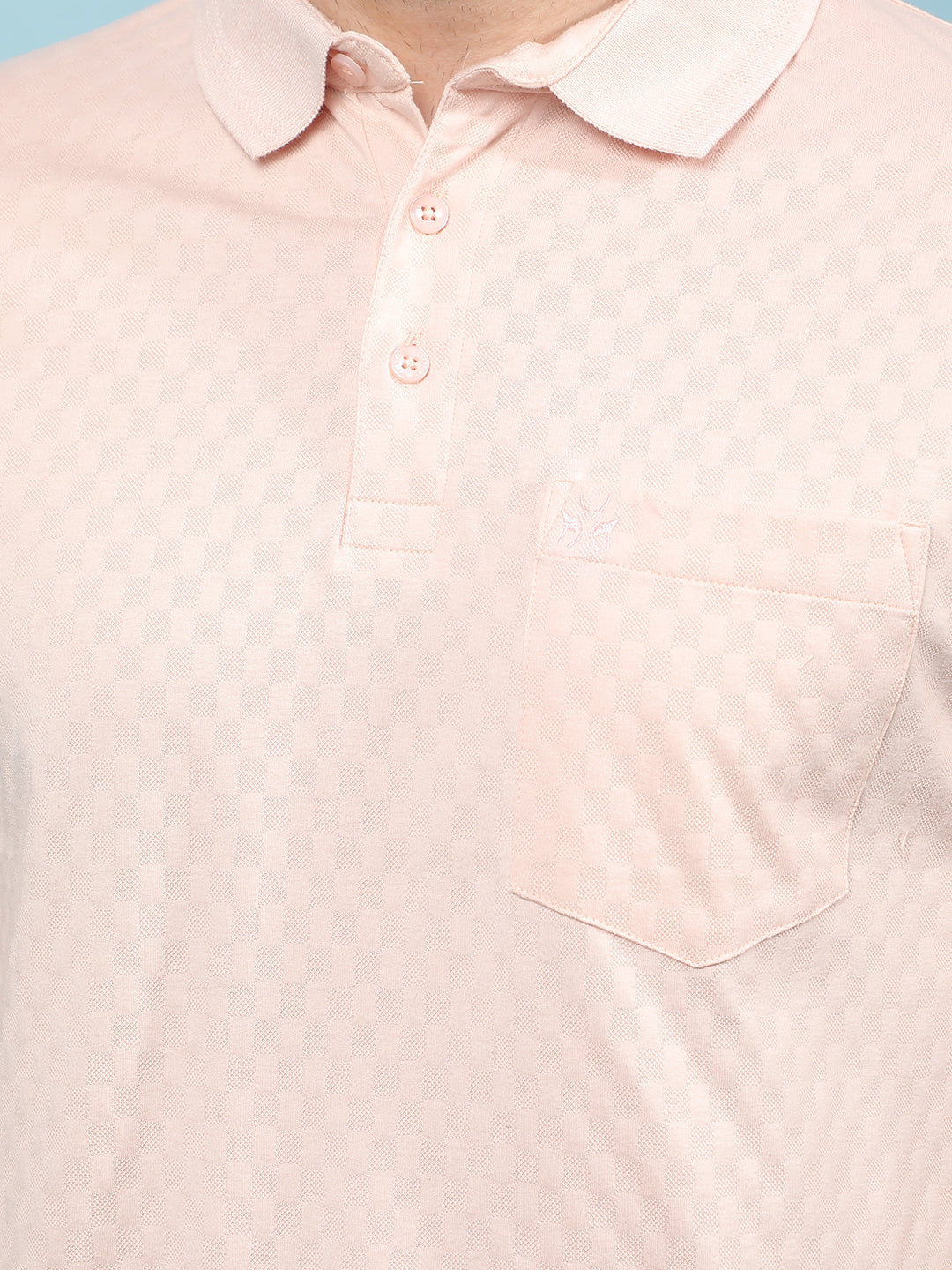 Peach Jacquard 100% Cotton Polo-Neck T-Shirt-Men T-Shirts-Crimsoune Club