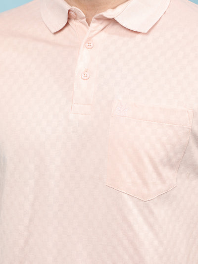 Peach Jacquard 100% Cotton Polo-Neck T-Shirt-Men T-Shirts-Crimsoune Club