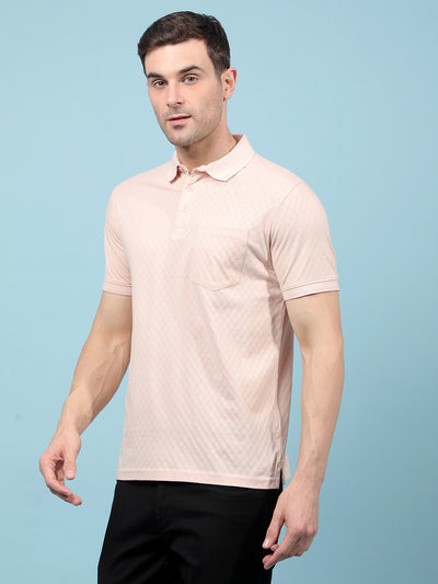 Peach Jacquard 100% Cotton Polo-Neck T-Shirt-Men T-Shirts-Crimsoune Club