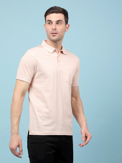 Peach Jacquard 100% Cotton Polo-Neck T-Shirt-Men T-Shirts-Crimsoune Club