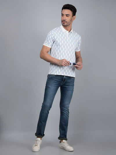 Blue Printed 100% Cotton Polo Neck T-Shirt-Men T-Shirts-Crimsoune Club