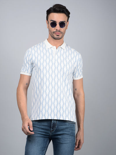 Blue Printed 100% Cotton Polo Neck T-Shirt-Men T-Shirts-Crimsoune Club