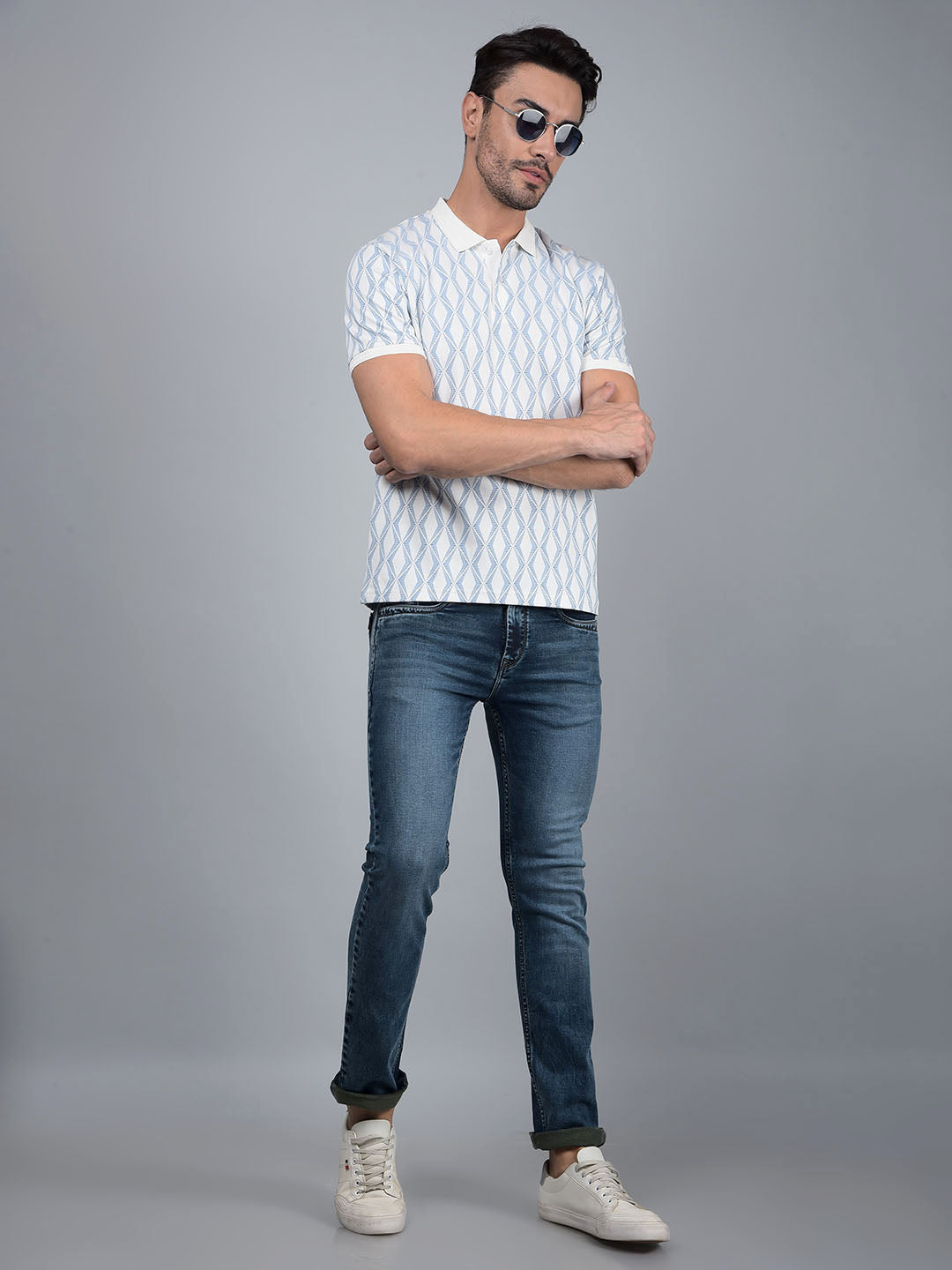 Blue Printed 100% Cotton Polo Neck T-Shirt-Men T-Shirts-Crimsoune Club
