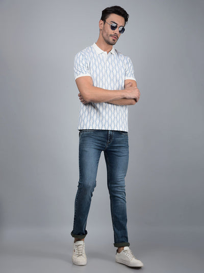 Blue Printed 100% Cotton Polo Neck T-Shirt-Men T-Shirts-Crimsoune Club