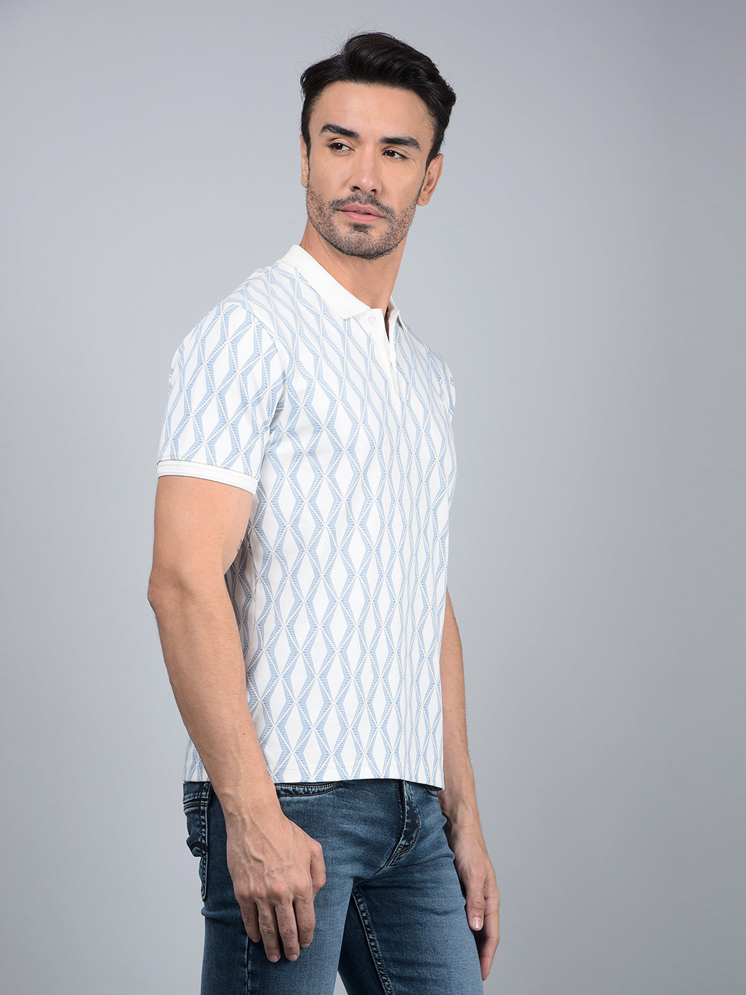 Blue Printed 100% Cotton Polo Neck T-Shirt-Men T-Shirts-Crimsoune Club