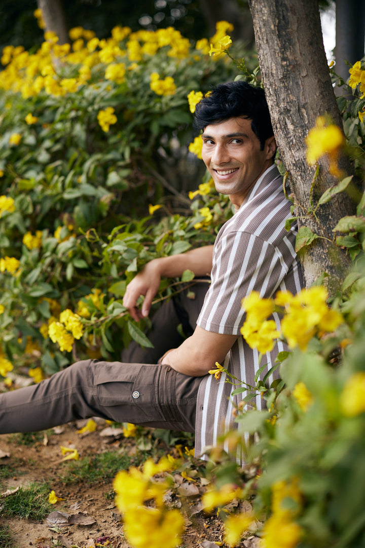Brown Vertical Stripes Cuban Collar 100% Cotton Knitted Shirt-Men Shirts-Crimsoune Club