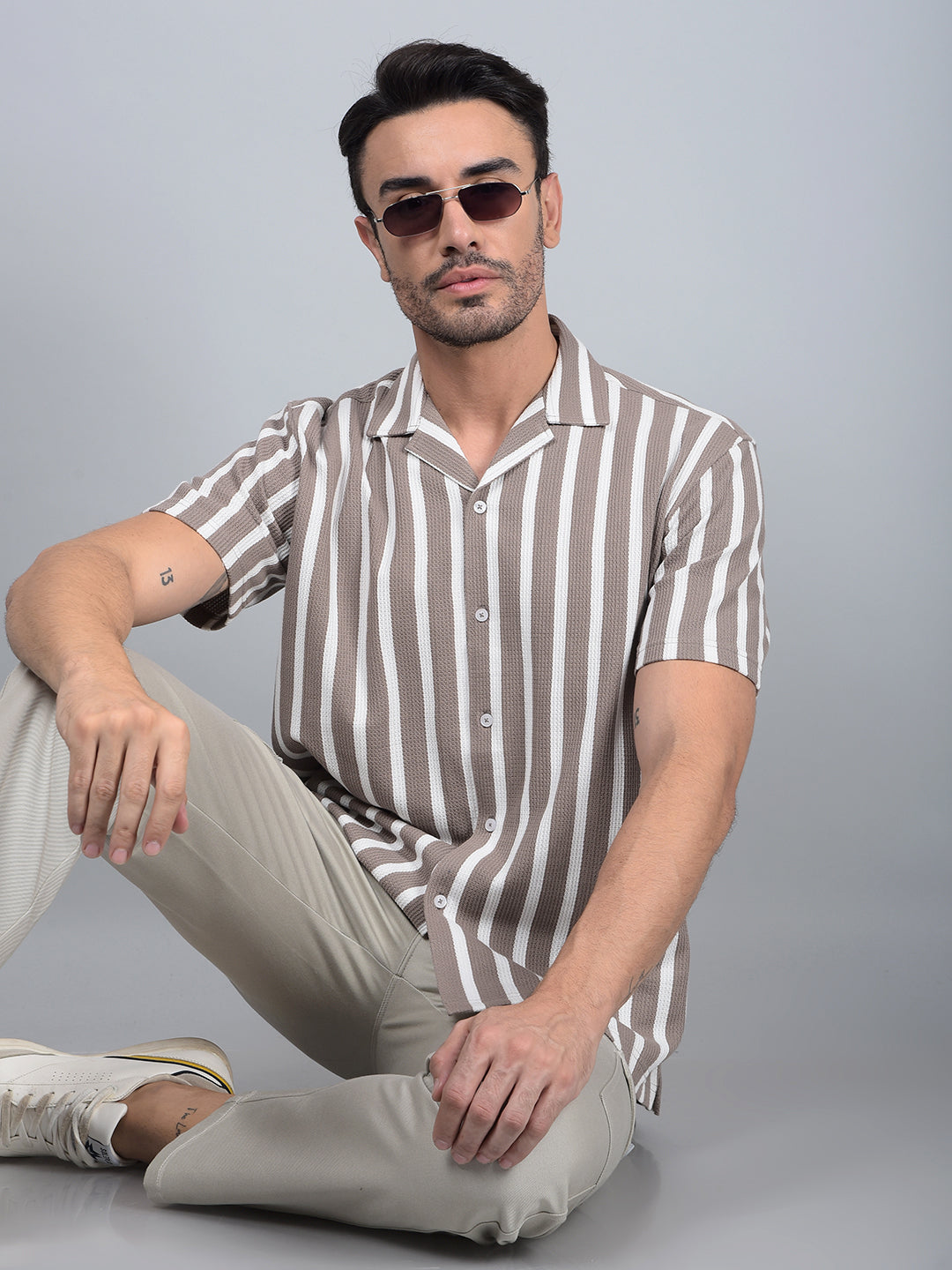 Brown Vertical Stripes Cuban Collar 100% Cotton Knitted Shirt-Men Shirts-Crimsoune Club