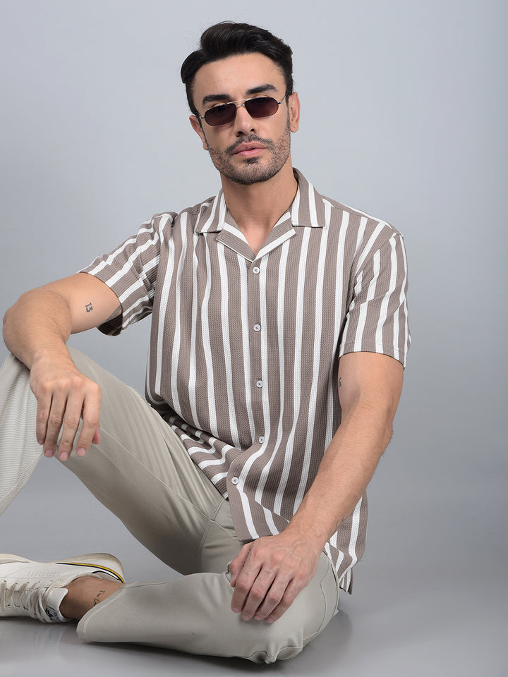 Brown Vertical Stripes Cuban Collar 100% Cotton Knitted Shirt-Men Shirts-Crimsoune Club