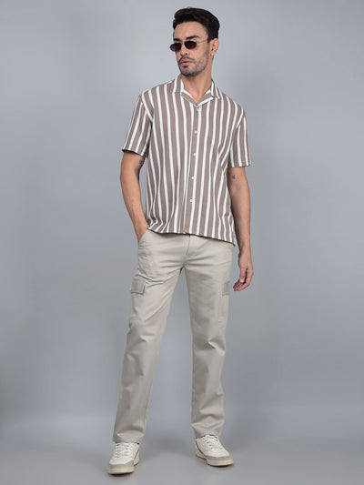 Brown Vertical Stripes Cuban Collar 100% Cotton Knitted Shirt-Men Shirts-Crimsoune Club