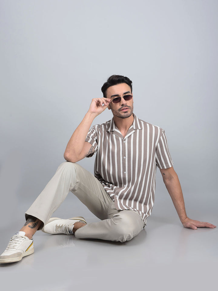 Brown Vertical Stripes Cuban Collar 100% Cotton Knitted Shirt-Men Shirts-Crimsoune Club