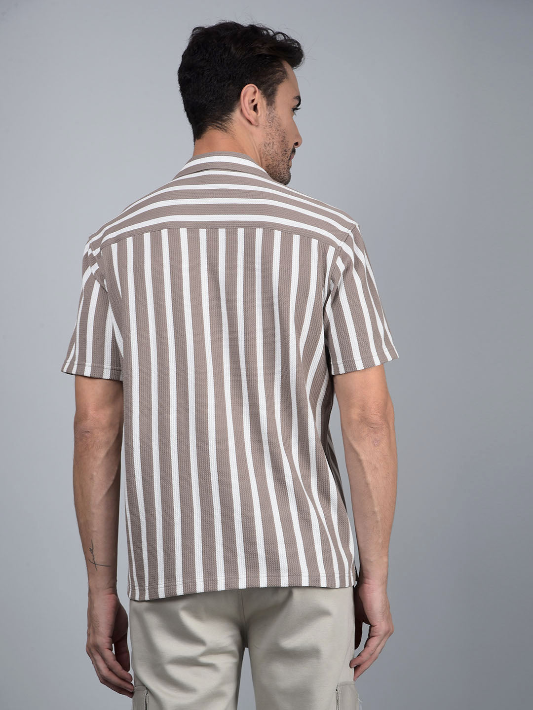 Brown Vertical Stripes Cuban Collar 100% Cotton Knitted Shirt-Men Shirts-Crimsoune Club