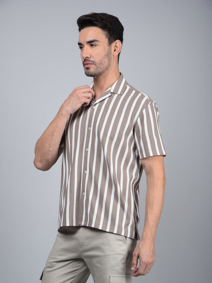 Brown Vertical Stripes Cuban Collar 100% Cotton Knitted Shirt-Men Shirts-Crimsoune Club