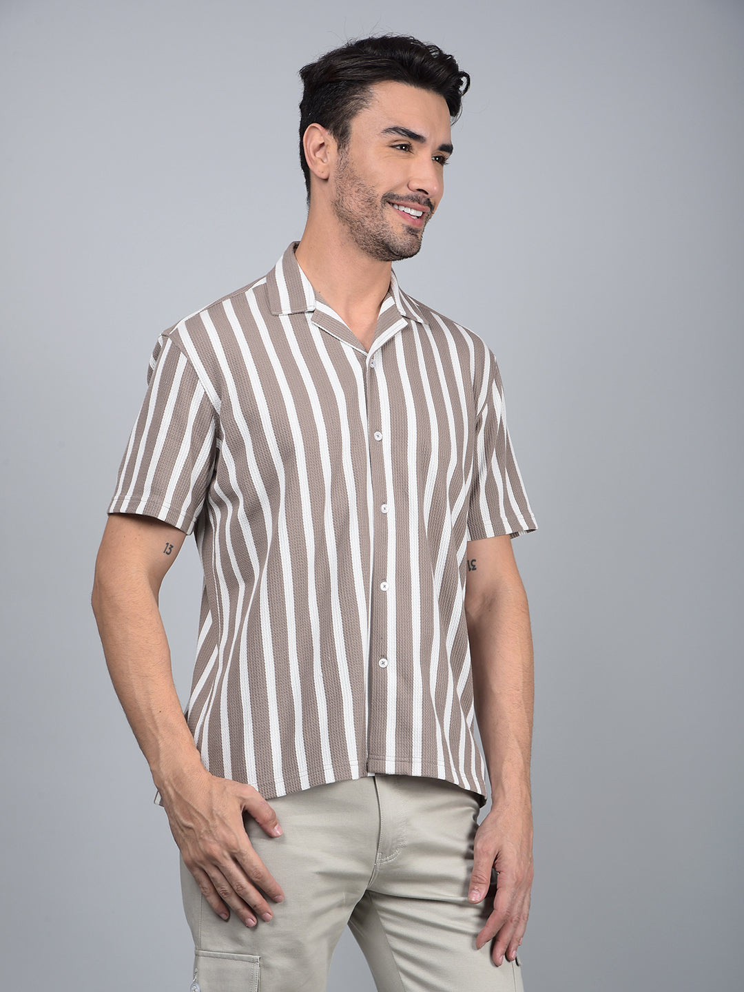 Brown Vertical Stripes Cuban Collar 100% Cotton Knitted Shirt-Men Shirts-Crimsoune Club