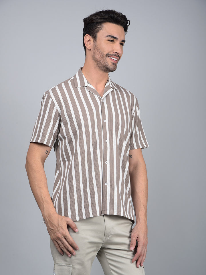 Brown Vertical Stripes Cuban Collar 100% Cotton Knitted Shirt-Men Shirts-Crimsoune Club