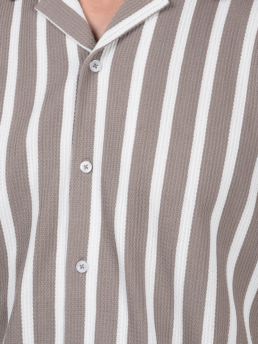 Brown Vertical Stripes Cuban Collar 100% Cotton Knitted Shirt-Men Shirts-Crimsoune Club