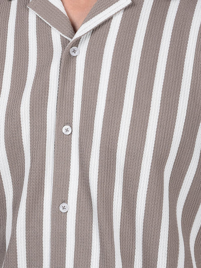 Brown Vertical Stripes Cuban Collar 100% Cotton Knitted Shirt-Men Shirts-Crimsoune Club