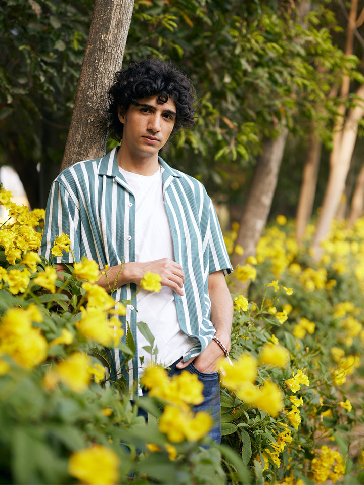 Green Vertical Stripes 100% Cotton Resort Collar Knitted Shirt-Men Shirts-Crimsoune Club