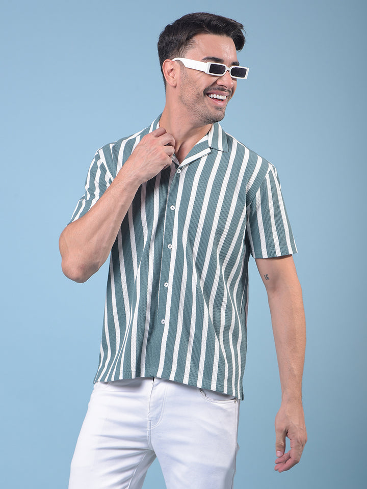 Green Vertical Stripes 100% Cotton Resort Collar Knitted Shirt-Men Shirts-Crimsoune Club