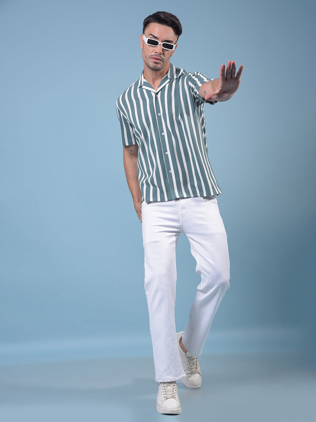 Green Vertical Stripes 100% Cotton Resort Collar Knitted Shirt-Men Shirts-Crimsoune Club