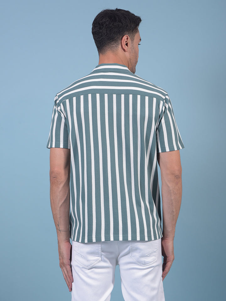 Green Vertical Stripes 100% Cotton Resort Collar Knitted Shirt-Men Shirts-Crimsoune Club