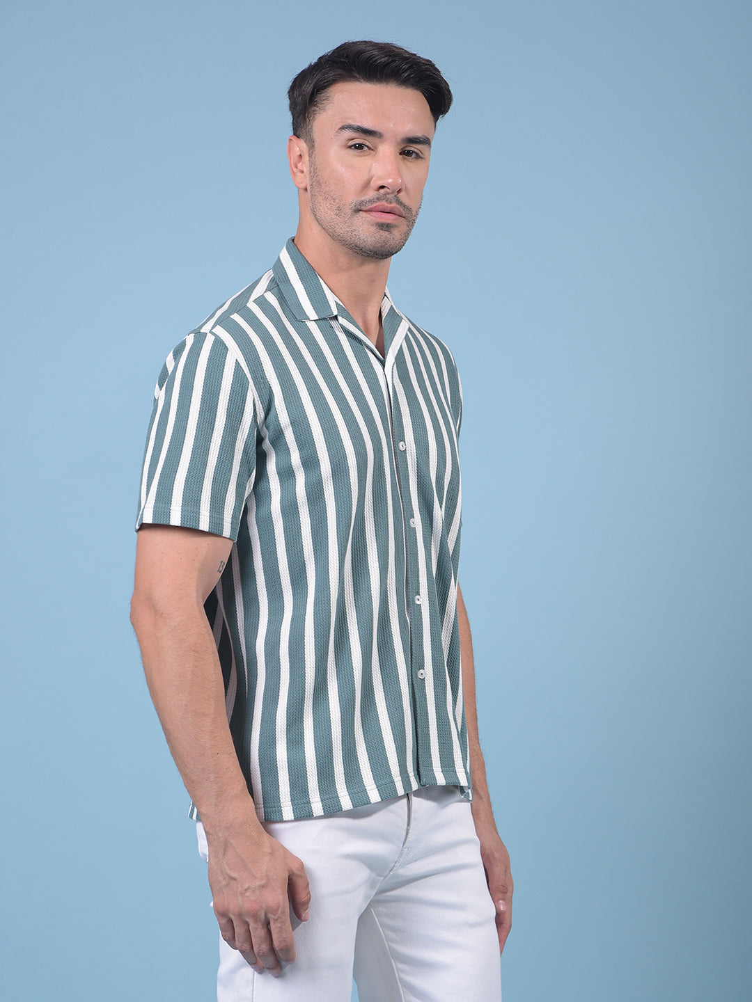 Green Vertical Stripes 100% Cotton Resort Collar Knitted Shirt-Men Shirts-Crimsoune Club