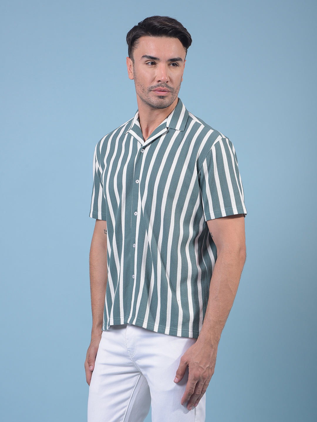 Green Vertical Stripes 100% Cotton Resort Collar Knitted Shirt-Men Shirts-Crimsoune Club
