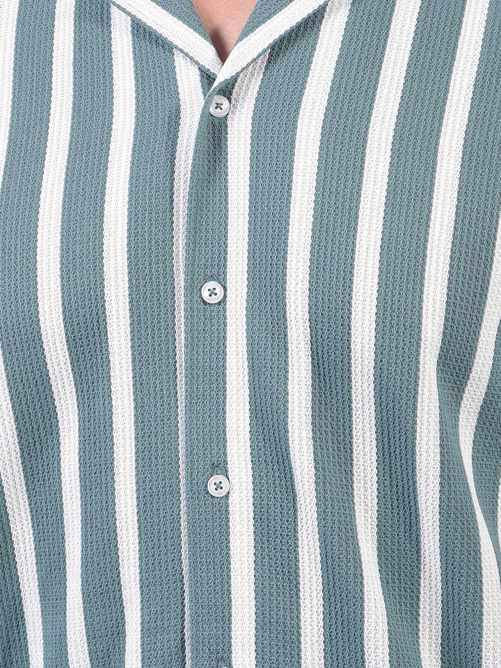 Green Vertical Stripes 100% Cotton Resort Collar Knitted Shirt-Men Shirts-Crimsoune Club