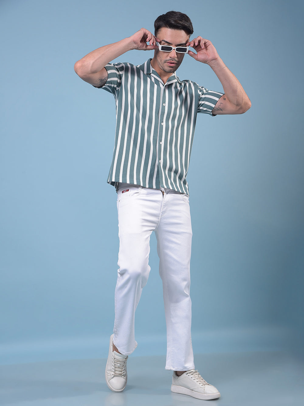 Green Vertical Stripes 100% Cotton Resort Collar Knitted Shirt-Men Shirts-Crimsoune Club