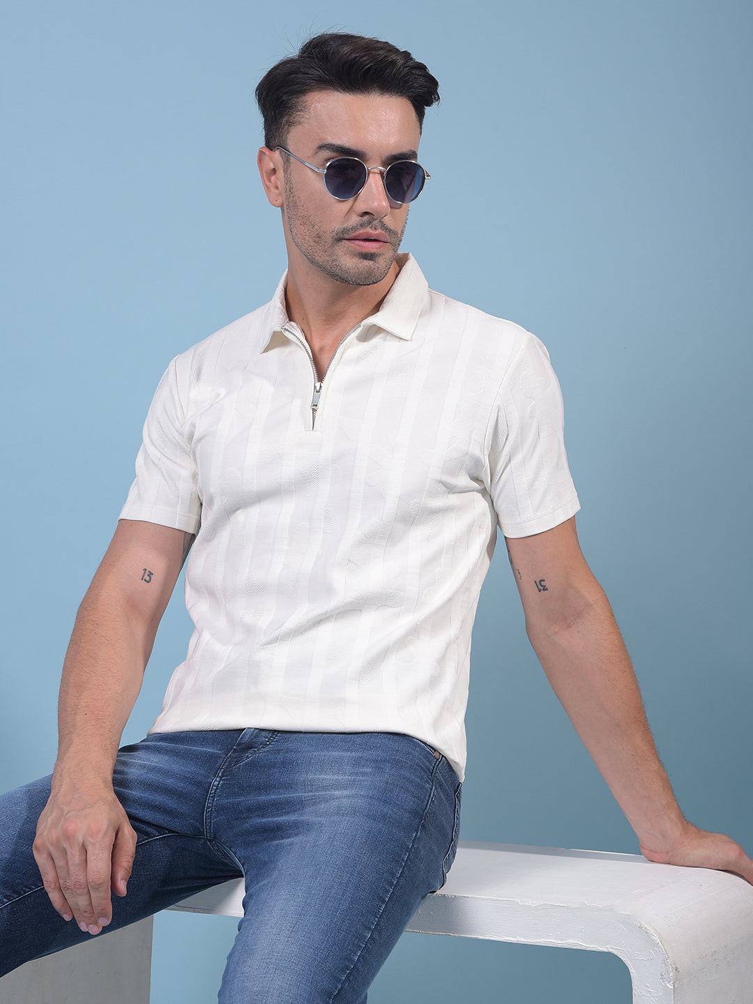 White Jacquard Polo Neck T-Shirt-Men T-Shirts-Crimsoune Club