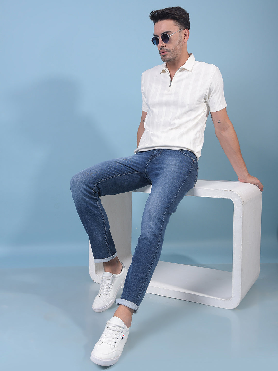 White Jacquard Polo Neck T-Shirt-Men T-Shirts-Crimsoune Club