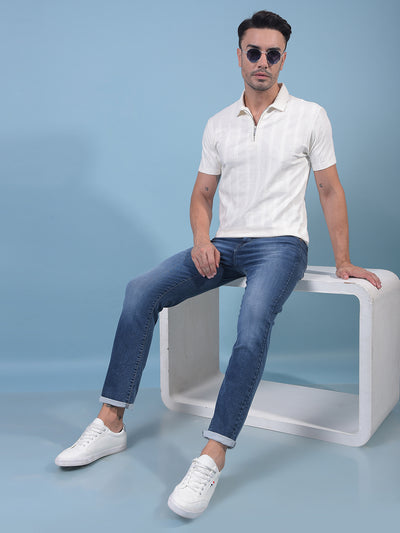 White Jacquard Polo Neck T-Shirt-Men T-Shirts-Crimsoune Club