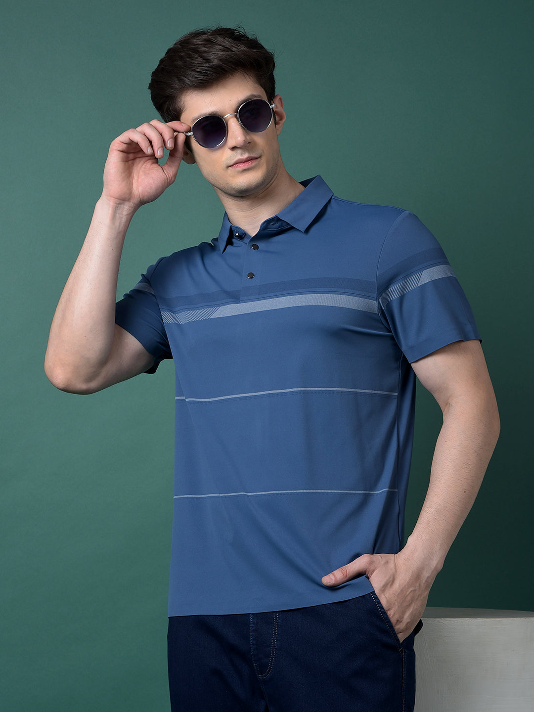 Blue Printed Polo Neck T-Shirt-Men T-Shirts-Crimsoune Club