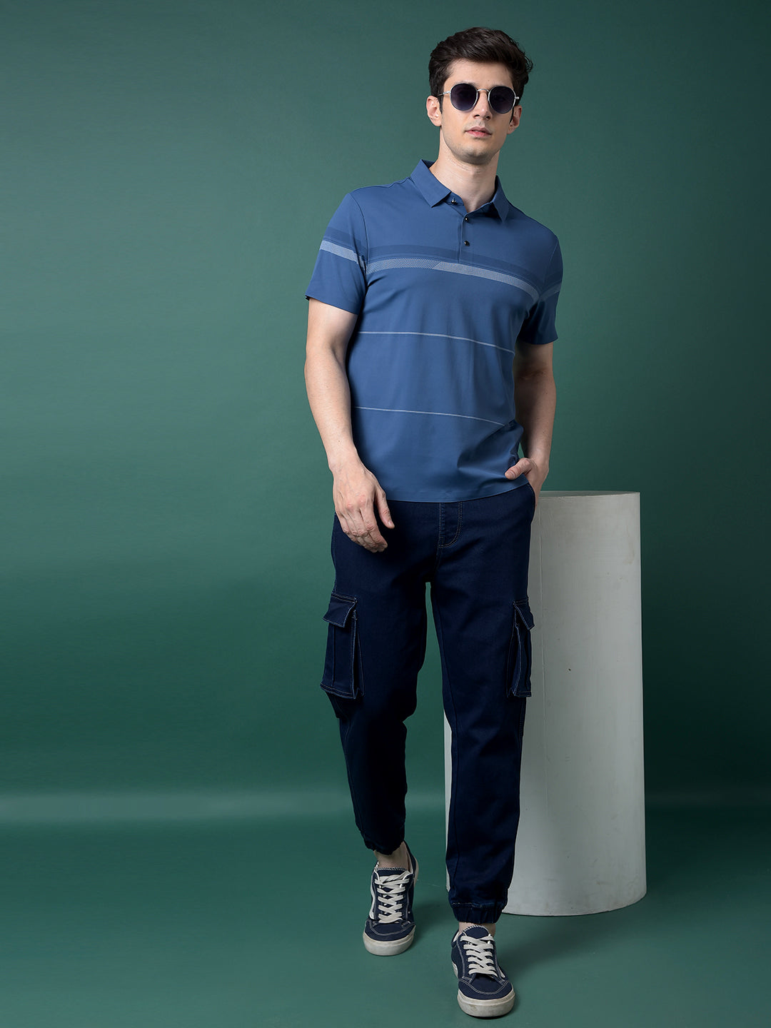 Blue Printed Polo Neck T-Shirt-Men T-Shirts-Crimsoune Club