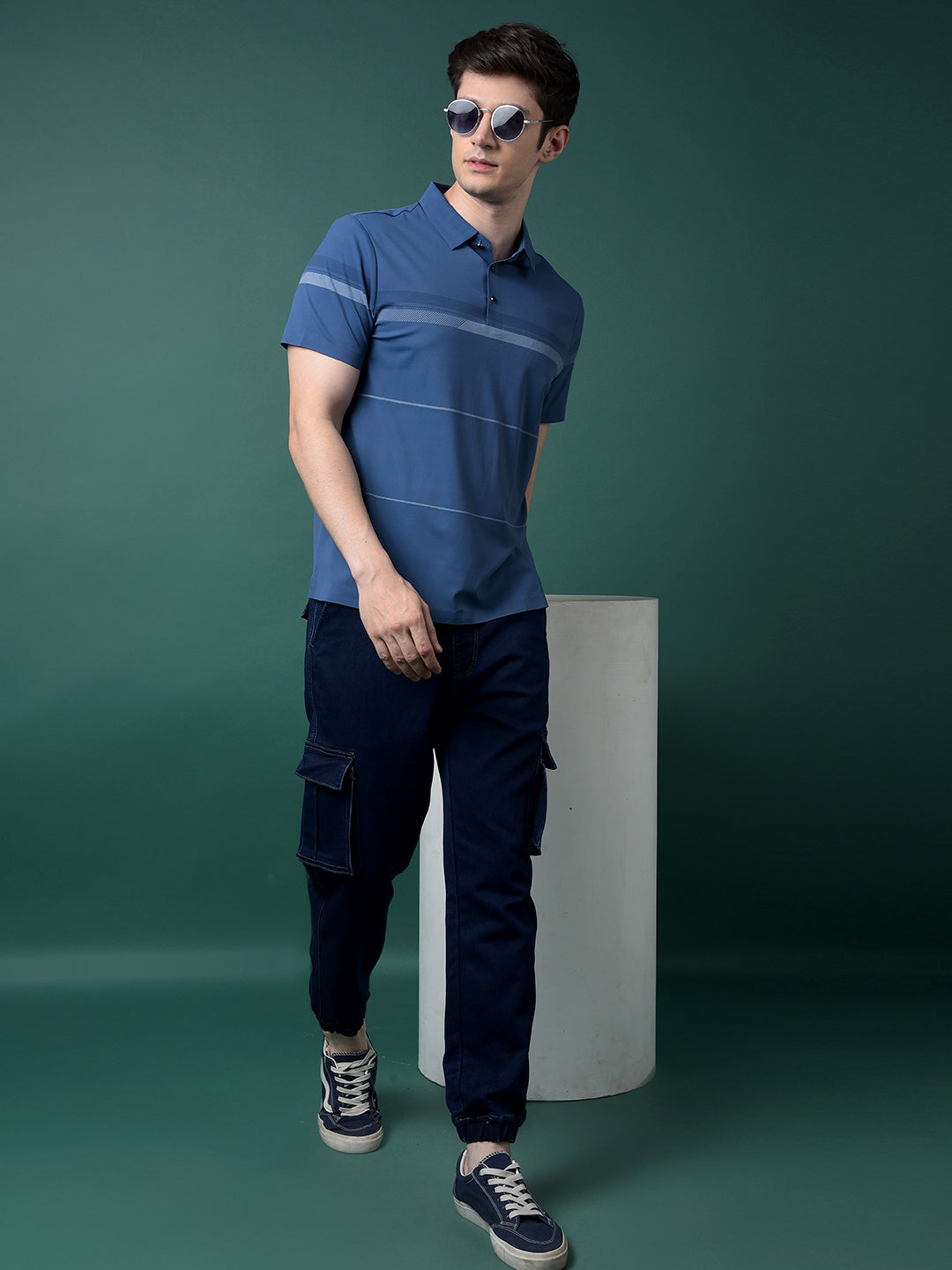 Blue Printed Polo Neck T-Shirt-Men T-Shirts-Crimsoune Club