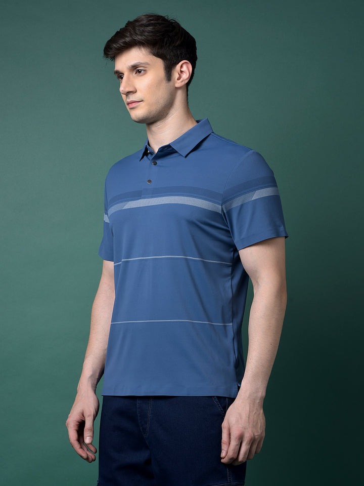 Blue Printed Polo Neck T-Shirt-Men T-Shirts-Crimsoune Club