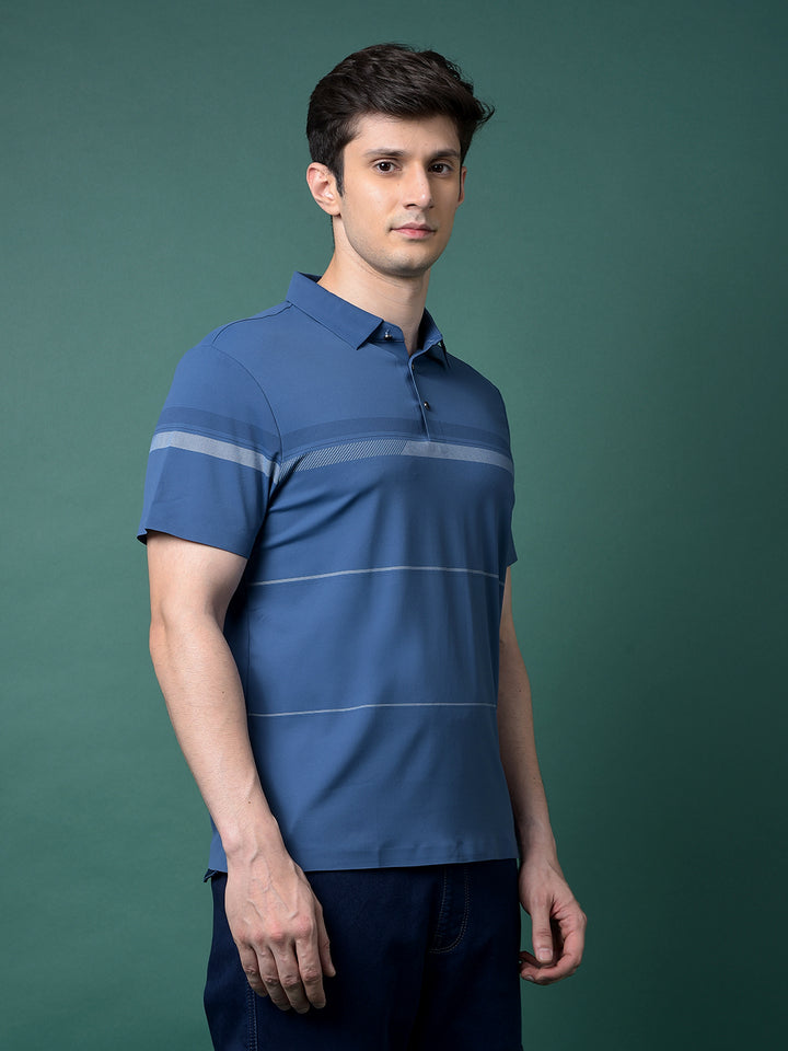 Blue Printed Polo Neck T-Shirt-Men T-Shirts-Crimsoune Club
