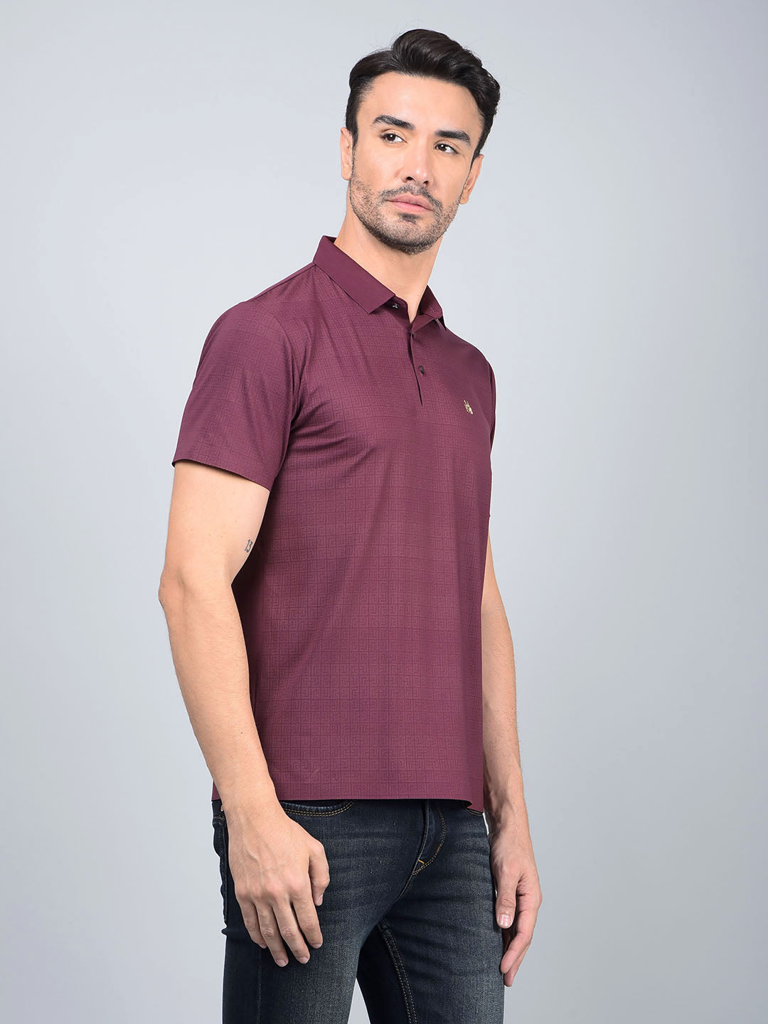 Maroon Printed Polo Neck T-Shirt-Men T-Shirts-Crimsoune Club