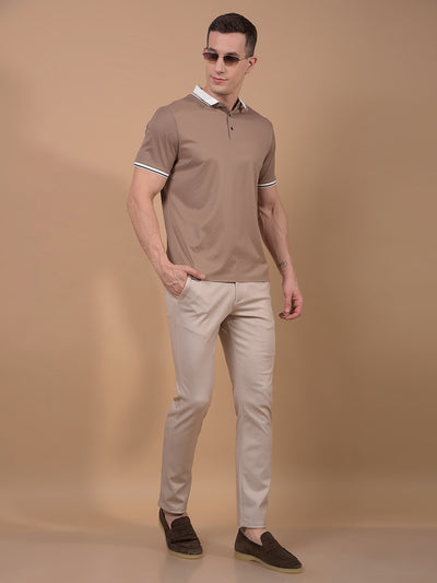 Beige Printed Polo Neck T-Shirt-Men T-Shirts-Crimsoune Club