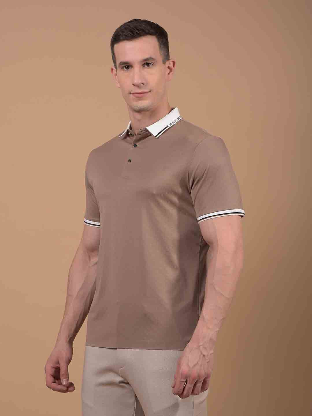 Beige Printed Polo Neck T-Shirt-Men T-Shirts-Crimsoune Club